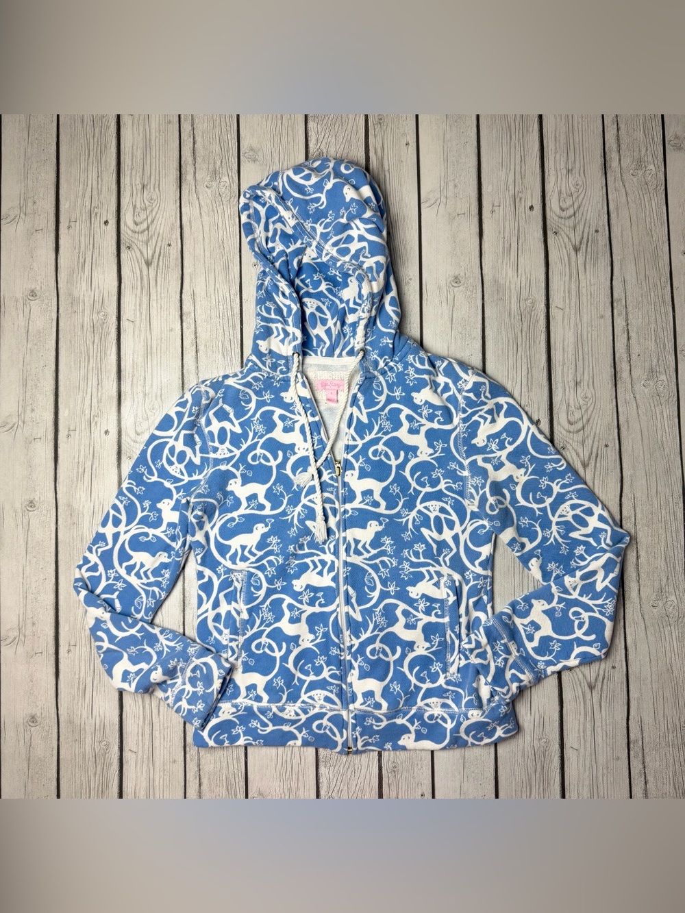 Lilly Pulitzer Women's S Full Zip Hoodie Tide Blue Shaken Up Monkey Sweatshirt